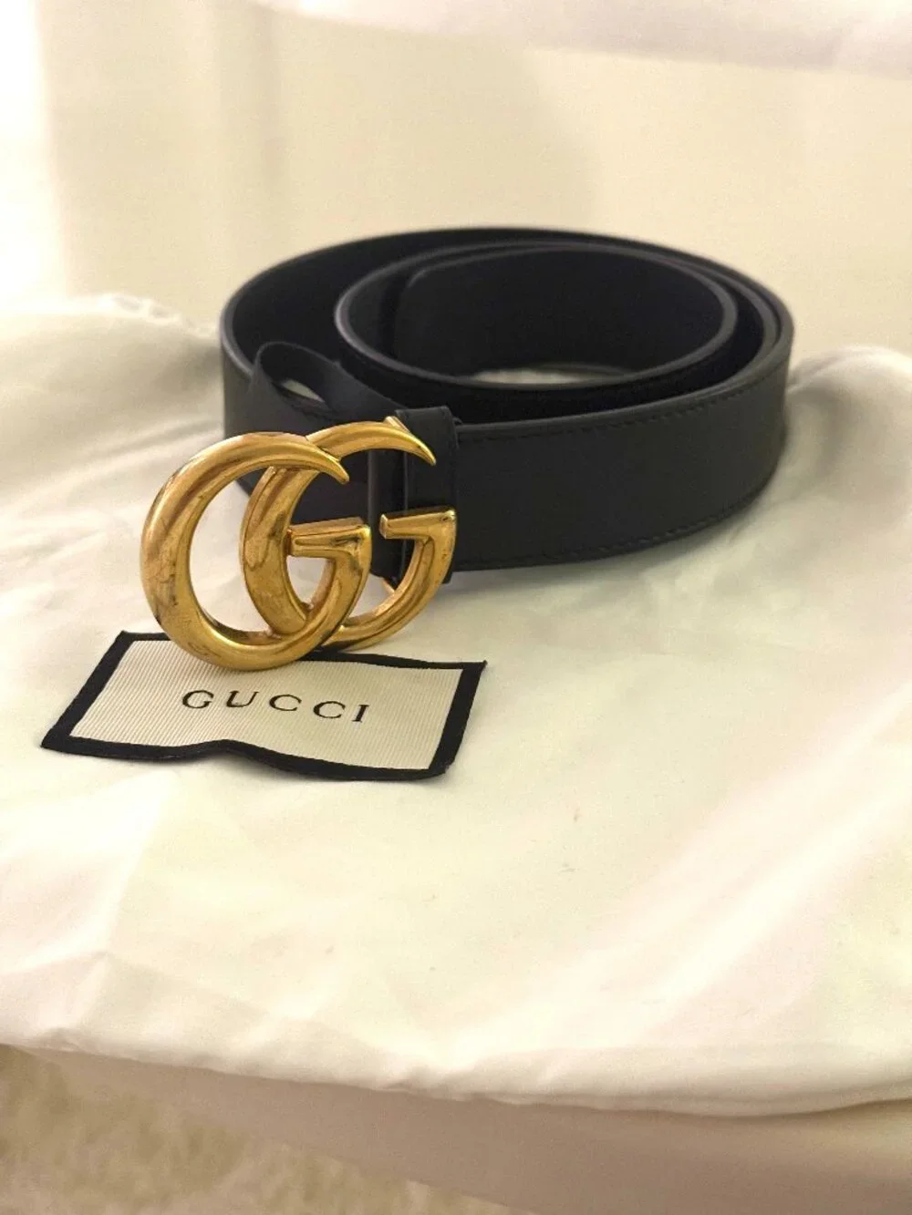 Gucci GG Marmont Double G Black Leather Belt Antique Gold Buckle Unisex